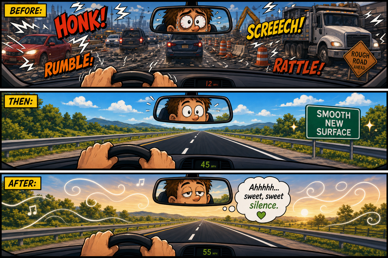 Three-panel comic showing a forward road view, white-knuckled driving through road noise, and relief on a smooth new road surface.